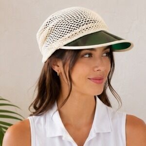 Cream Crochet Visor Cap with Green Brim